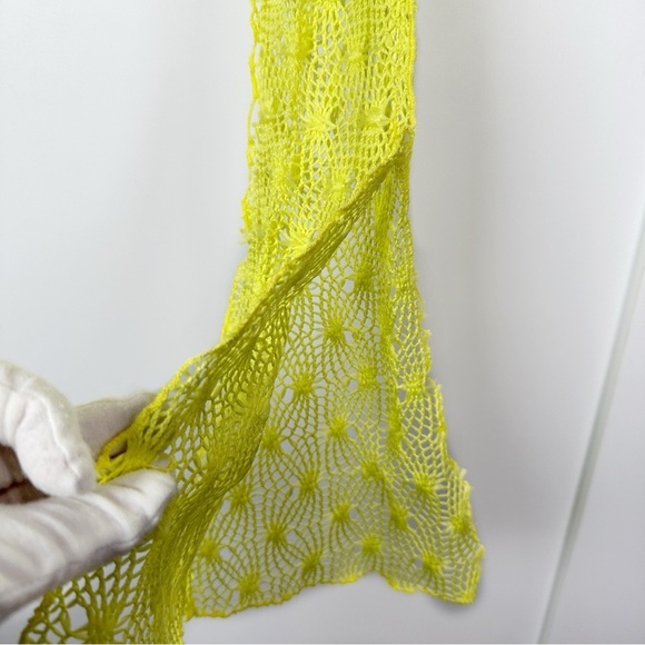 KIM SHUI Exclusive Asymmetrical Sheer Crochet Turtleneck Top Neon Yellow Size S - Picture 7 of 12